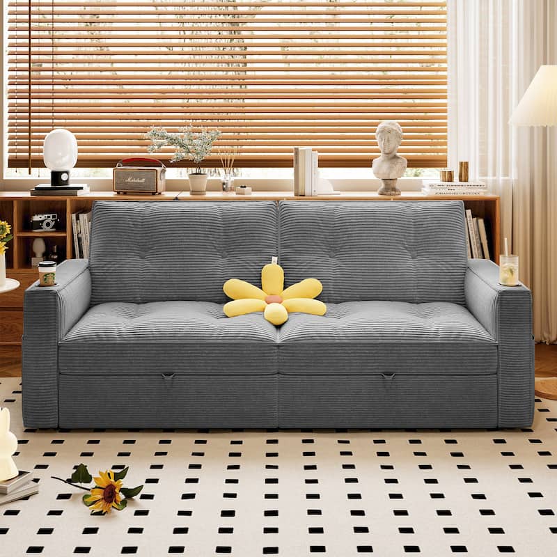 Multi-Functional Corduroy Loveseat Couch Convertible Sleeper Sofa Bed with Cup Holders and Side Pockets for Sitting, Sleeping