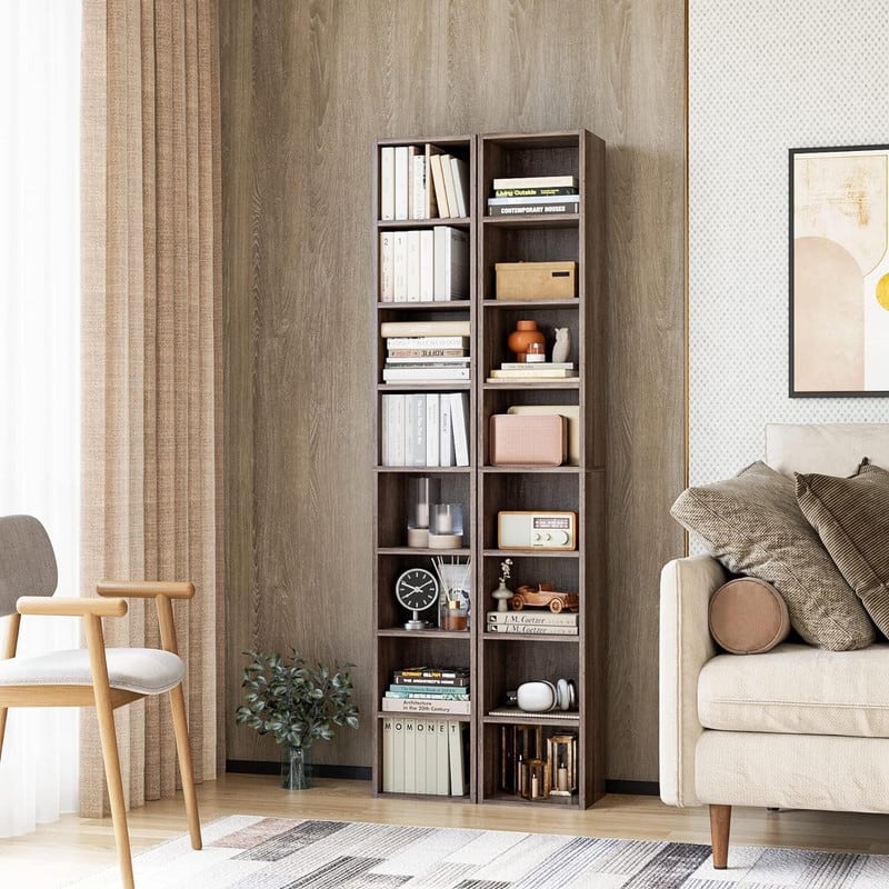 Grondin 8-Tier Media Tower, Wooden Media Storage Rack with Adjustable Shelves, Tall Narrow Bookcase Display Bookshelf - Brown