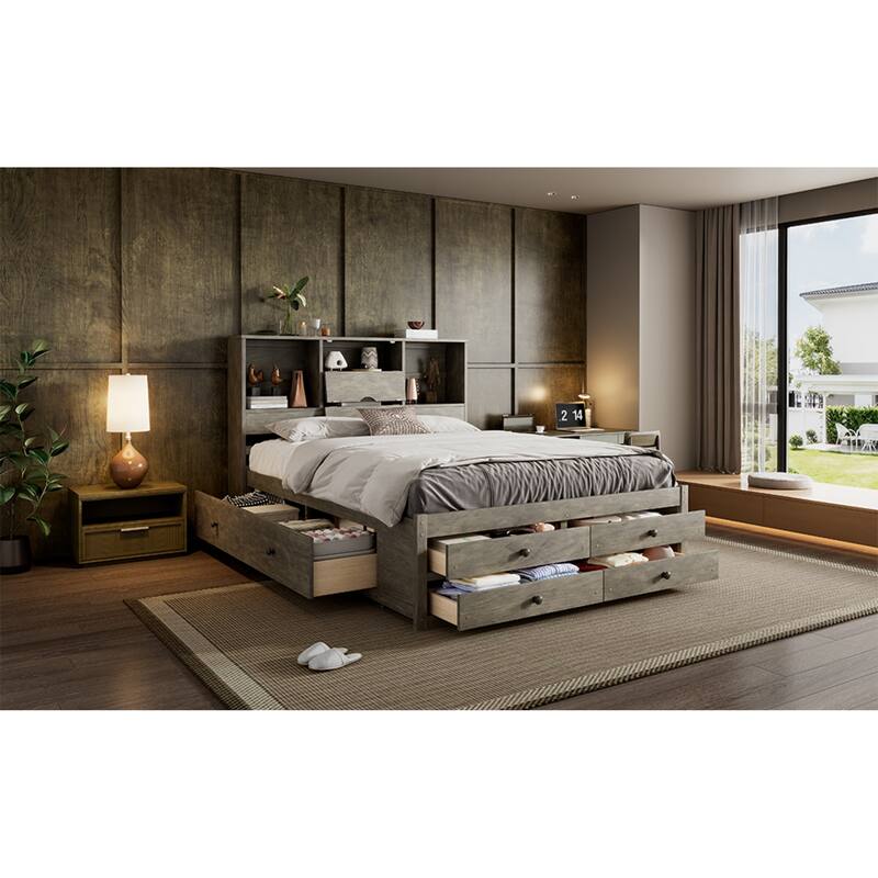 Roomfitters Queen/King Platform Bed with Storage Headboard and 8 Drawers, Solid Wood