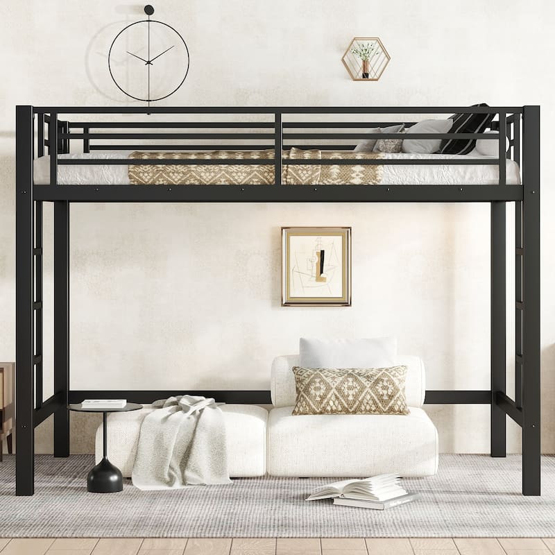 Twin XL Size Metal Loft Bed Frame with Ladders and Guardrails - Black - Twin XL