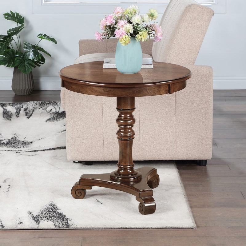 Pedestal End Table Solid Wood Veneer Finish with Turned Body Scroll Feet Traditional Accent Table for Any Room - 25.5