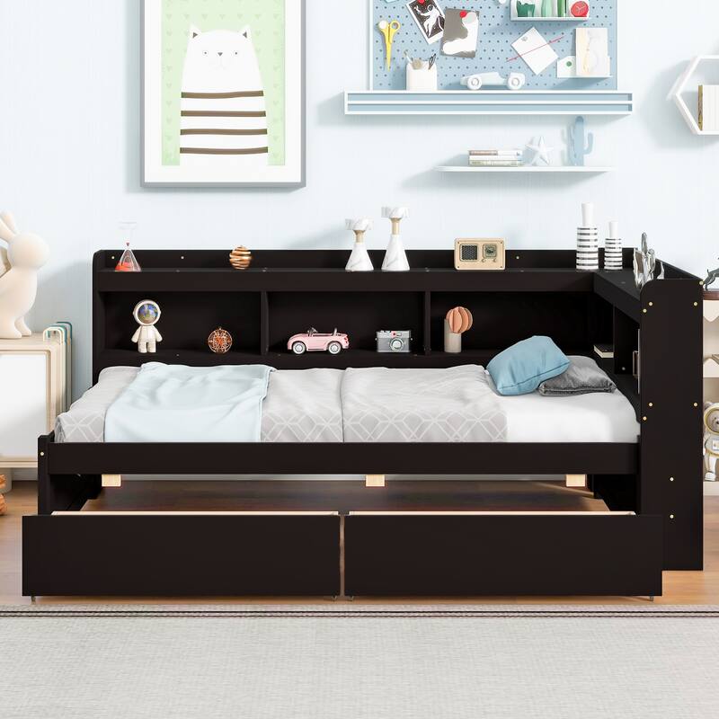 Contemporary Full Bed with Built-In L-Shaped Bookcases and Drawers