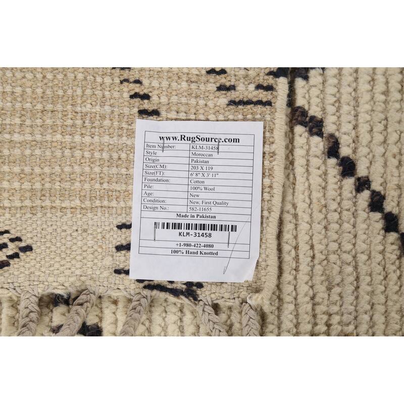 Ivory Striped Moroccan Oriental Rug Hand-Knotted Wool Carpet - 3'11"x 6'8"