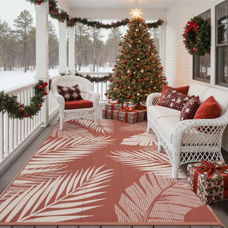 Reversible Outdoor Rug - Brick & Red Palm Leaf Design