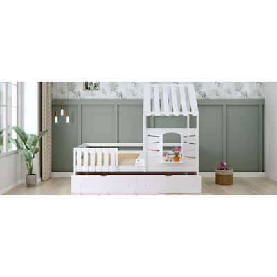 Twin Size House Bed With 2 Drawers and Guardrails
