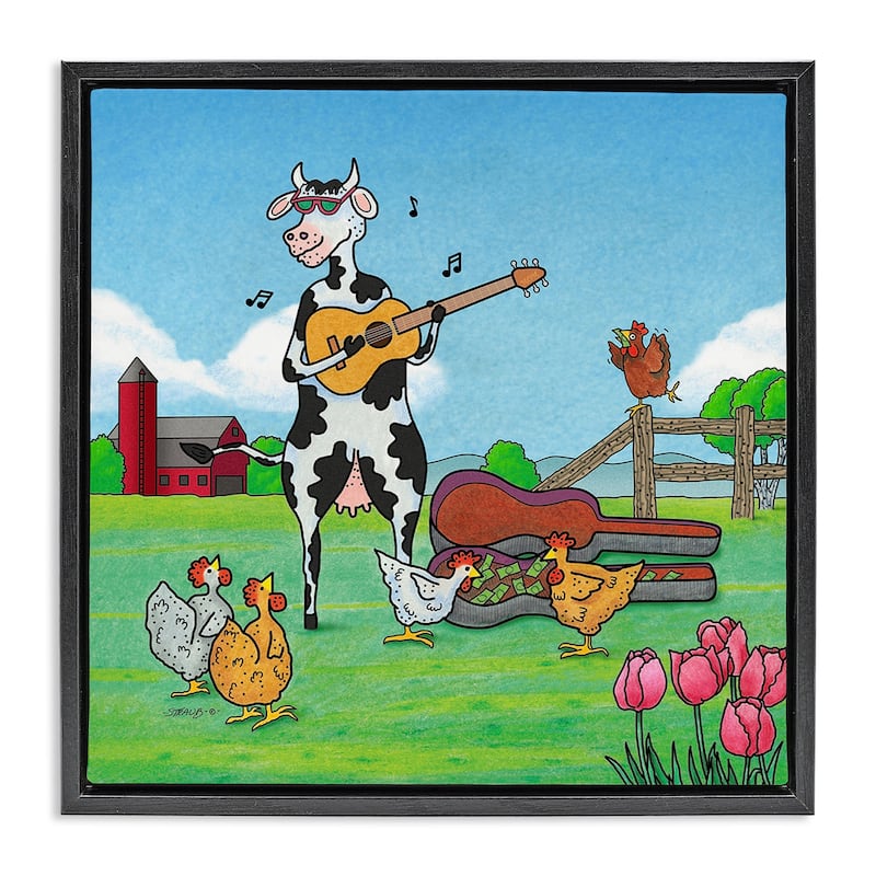 Stupell Busking Cow with Audience Framed Floater Canvas Wall Art Design By Roger Straub - 18 x 18 - Black