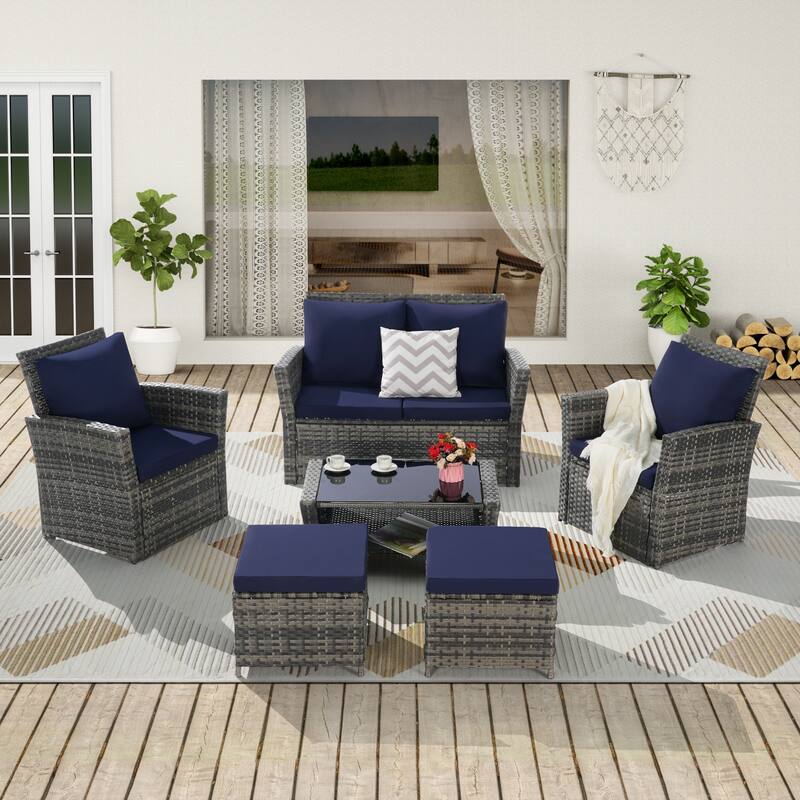 6 Pieces Patio Conversation Furniture Sets, All Weather Wicker Sectional Sofa with Glass Coffee Table and 2 Ottomans