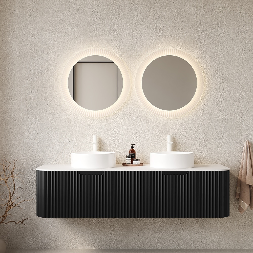GDFStudio - Dina 60" Floating Bathroom Vanity with Striped Curved Drawers & 2 White Round Ceramic Basins, WITHOUT Faucet