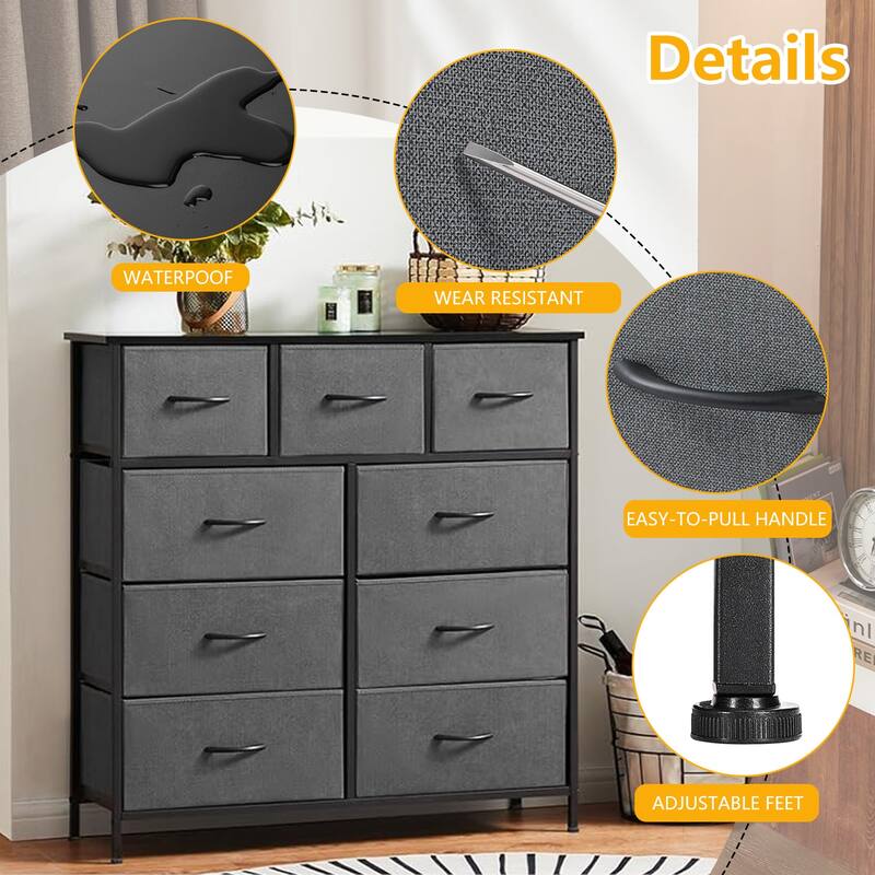 9-Drawer 11.8 in. Wide Chest of Drawers Fabric Storage Tower with Steel Frame, Wooden Top