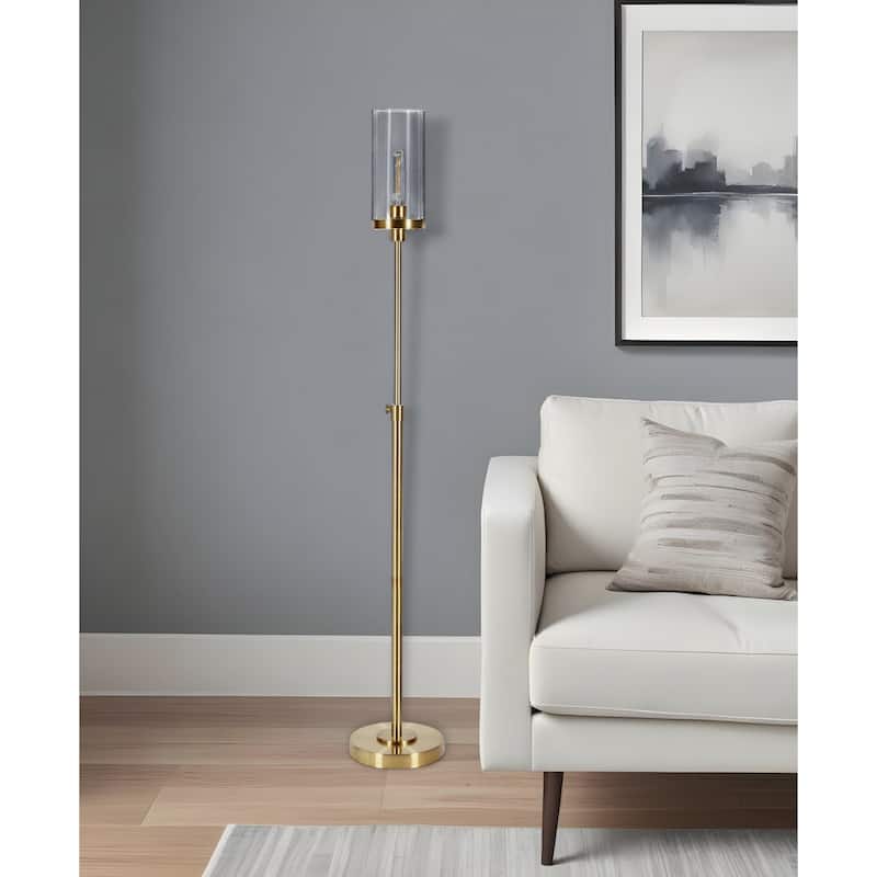 HomeRoots 66" Brass Adjustable Torchiere Floor Lamp With Clear Glass Cylinder Shade - 66" Tall - 66" Tall - Gold