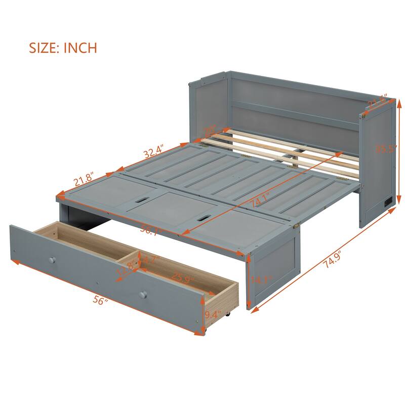 Full Size 2-in-1 Murphy Bed Cabinet with Space Saving Design with Built in USB/Power Outlets, Large Storage Drawer