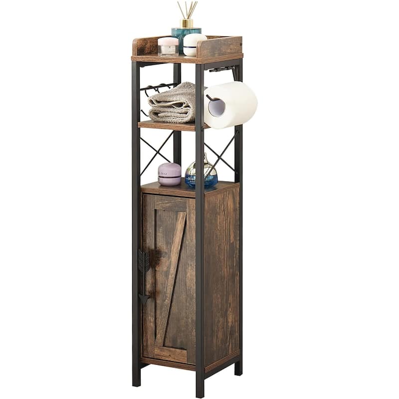VECELO Slim Bathroom Floor Cabinet with Shutter Door 3-Tier Storage Shelf with Hooks Freestanding Cabinet for Bedroom, Entryway