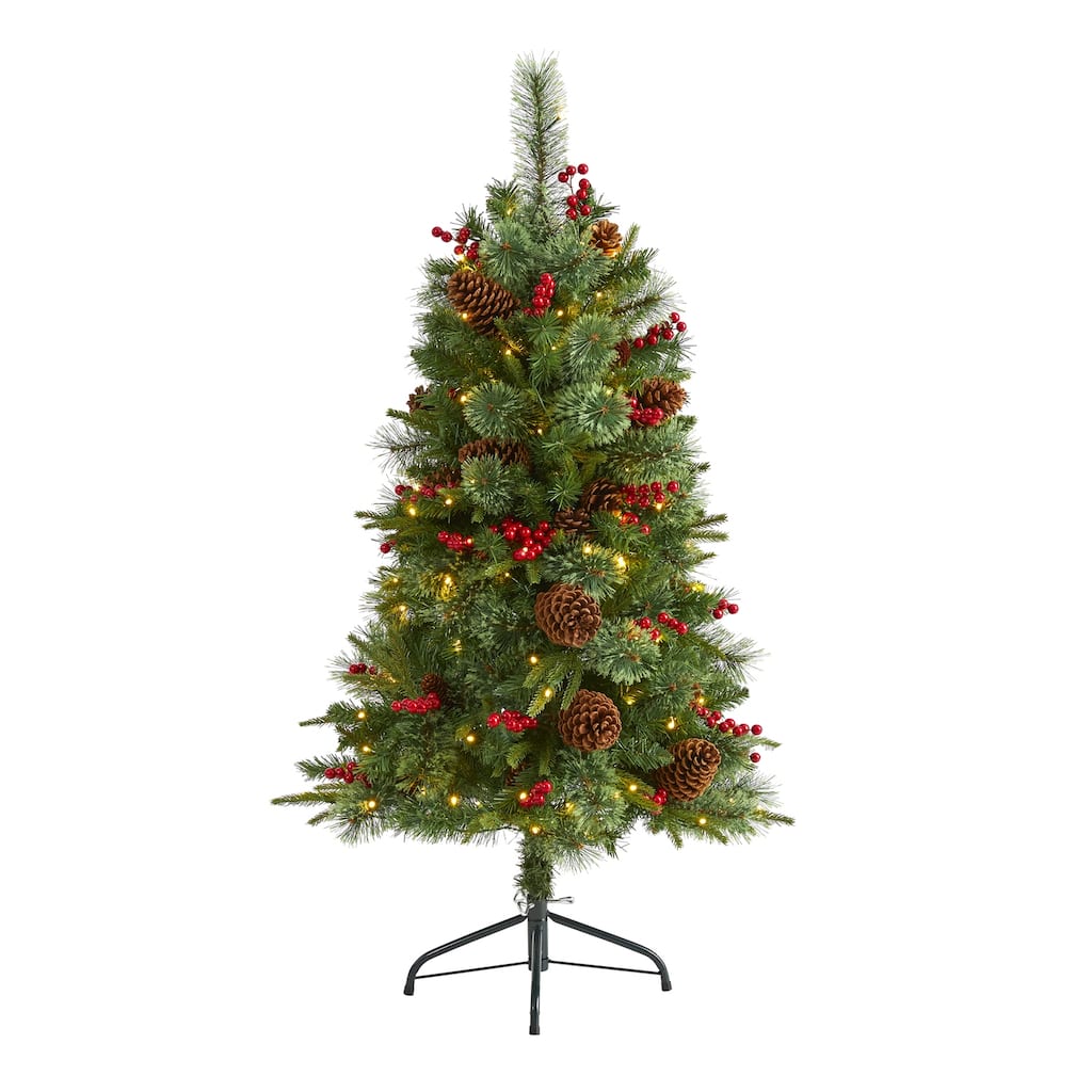 4Ft Artificial Christmas Tree with Lights - Holiday Decor, Pine Cones & Berries, Festive Tree for Home - Green - 48