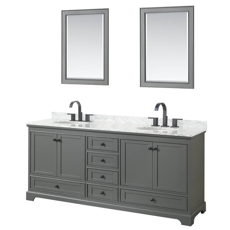 Deborah 80-inch Dark Gray Double Vanity, Oval Sinks, 24-inch Mirrors - Dark Gray, Black Trim, White Carrara Marble Top