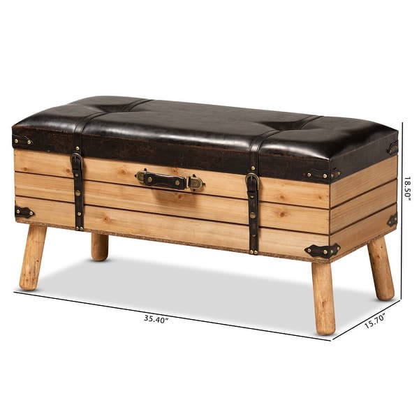 Amena Dark Brown PU Leather and Oak Wood Large Storage Ottoman