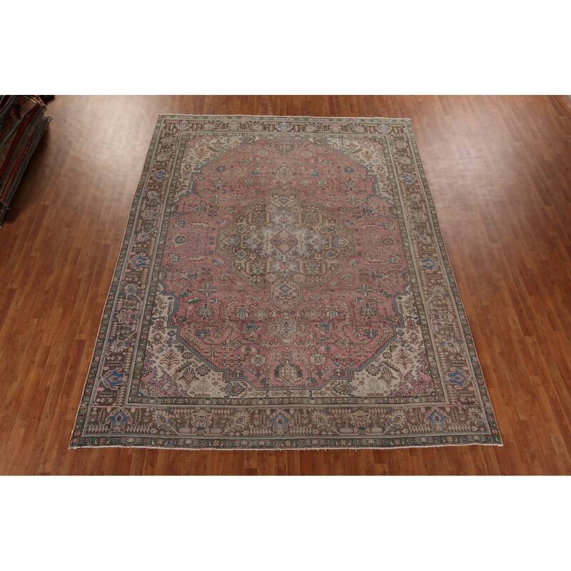 Distressed Pink Tabriz Persian Vintage Rug Handmade Wool Carpet - 9'8" x 12'8"