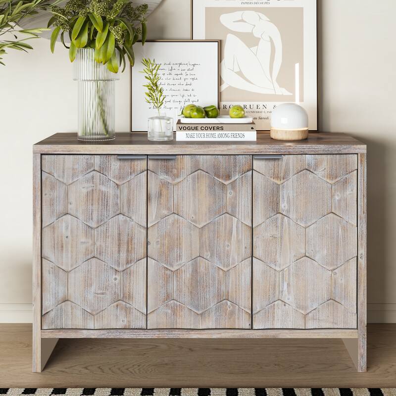 Accent Cabinet Farmhouse Style 3 Door Wooden Cabinet Sideboard Buffet Server Cabinet Storage Cabinet,Office，Natural Wood Wash