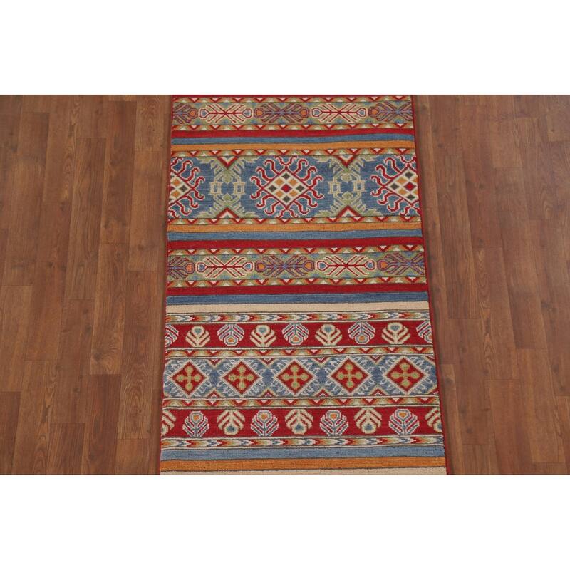 Hand Knotted Oriental 100% Wool Carpet Traditional Geometric Multi-Colored Kazak Runner Rug - 16' 0'' X 2' 5''