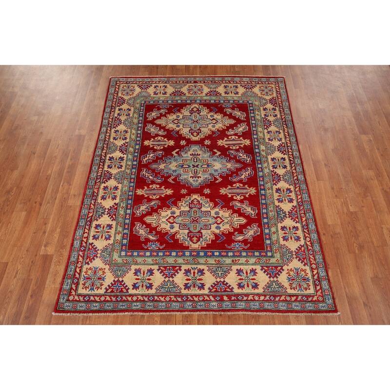 Geometric Red Kazak Rug Handmade Oriental Wool Carpet - 5'1" x 6'9"