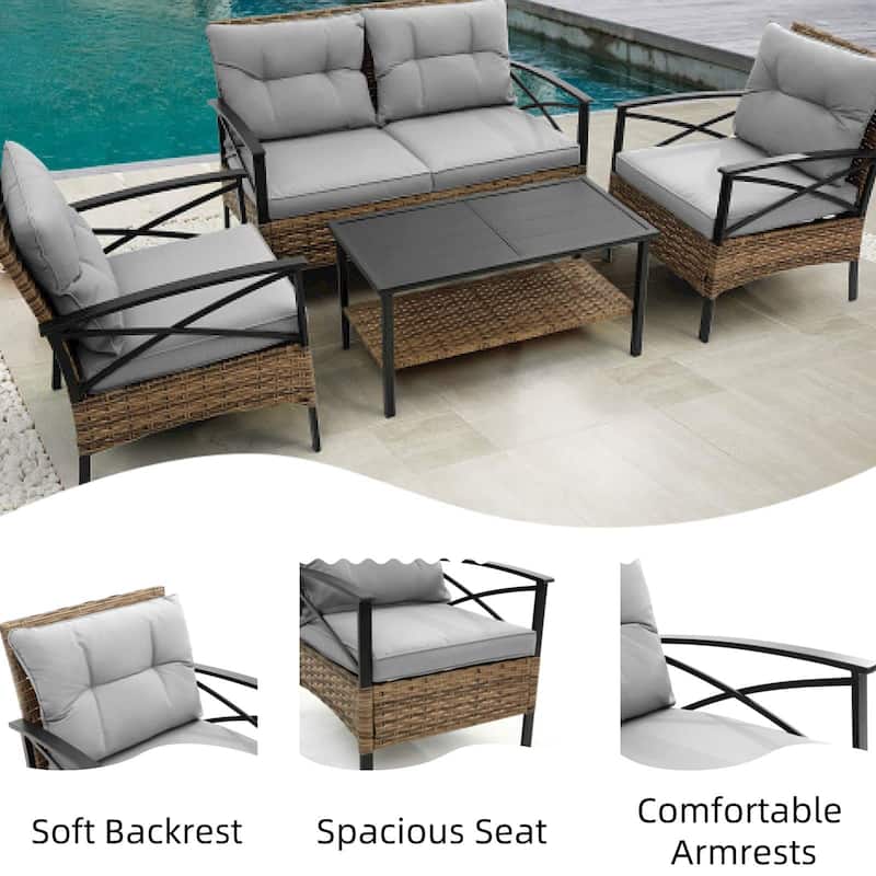 4-Piece Outdoor Patio Rattan Furniture Set, Thick Cushions&Side Table - 1 Table+2 Single chairs+1 Loveseat