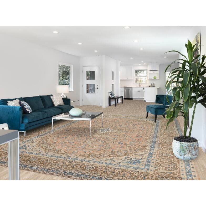 Hand Knotted Oriental 100% Wool Carpet Traditional Floral Pink Mashad Area Rug - 13' 2'' X 9' 9''