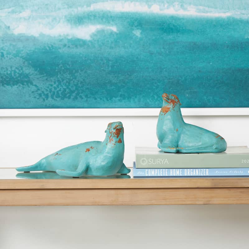 Polystone Sea Lion Distressed Sculpture with Brown Wood Inspired Accents - Set of 2 Teal - Roche River Decor - 12"W x 7"L x 5"H