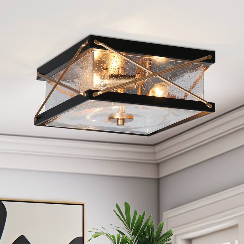 Modern Black Gold 3-Light Seeded Glass Semi-Flush Mount Ceiling Light for Kitchen - Rectangle