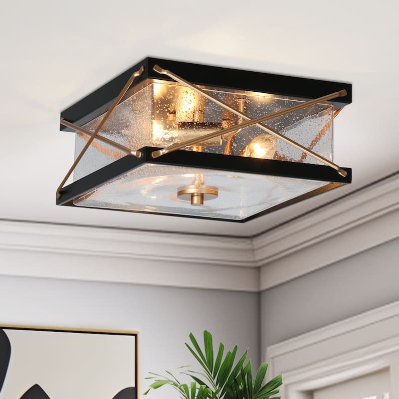 Modern Black Gold 3-Light Seeded Glass Semi-Flush Mount Ceiling Light for Kitchen