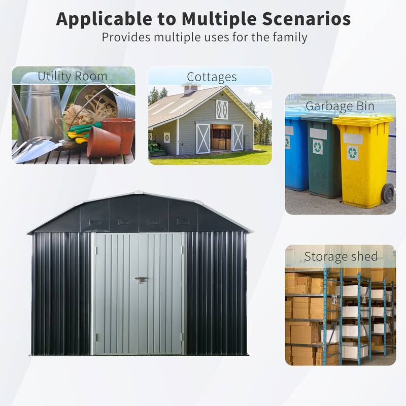 Metal Garden Shed Storage Shed with Lockable Double Doors & Arch Roof Tool Shed, Weather-Resistant Sloped Roof