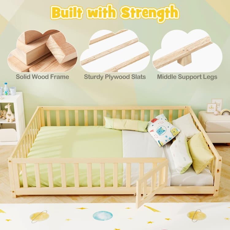 Montessori Floor Bed Frame with Full-length Guardrails Safety Door and Plywood Slats