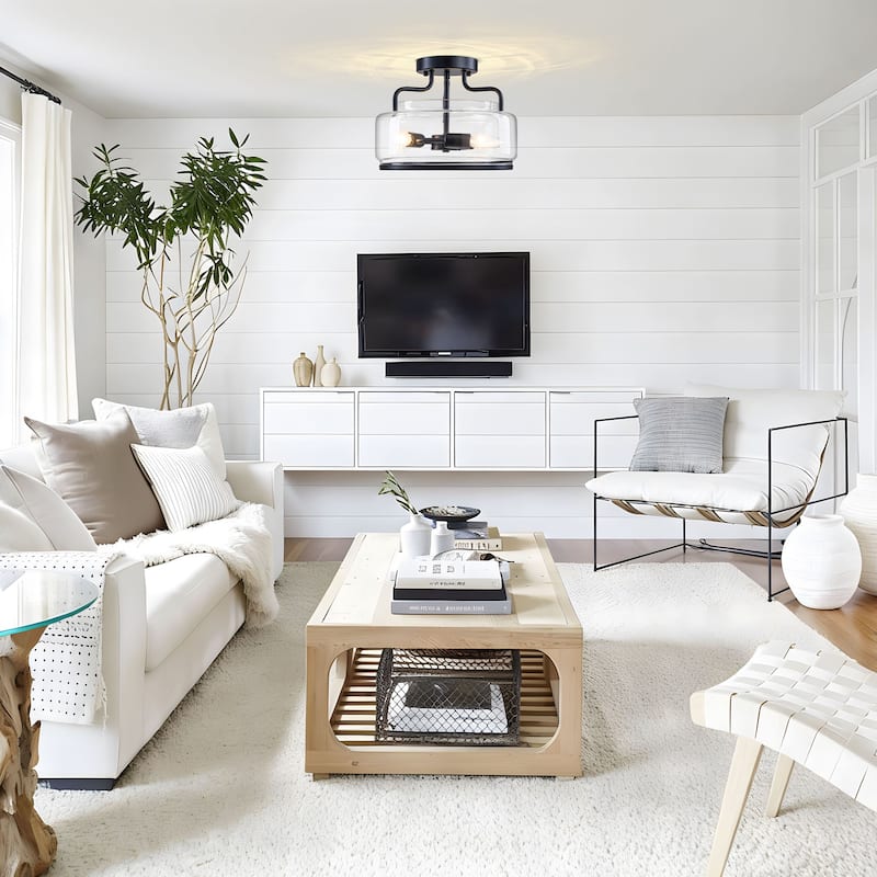 Starsky 3-Light Farmhouse Clear Glass Drum Flush Mount - Black