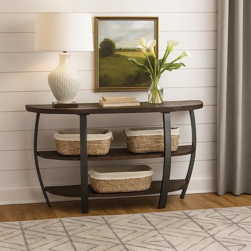 Flint Sofa Table w 2 Shelves, 52 Inch Semi Circle Top, Brown, Barrel