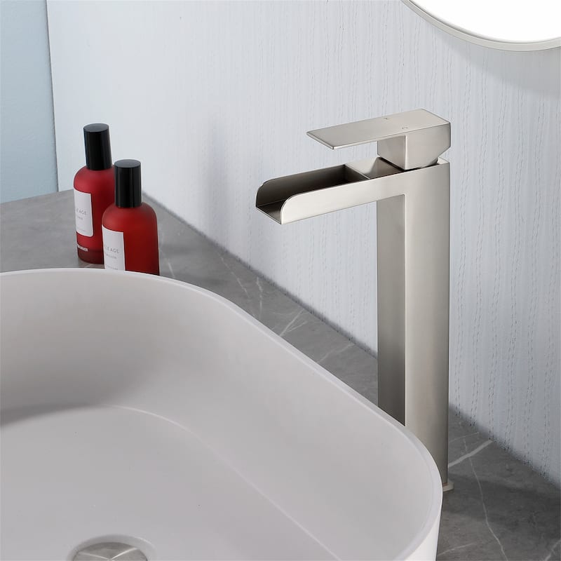 Waterfall Single Handle Bathroom Vessel Sink Faucet with Pop-up Drain 304 Stainless Steel 1 Hole High Tall Basin Vanity Taps
