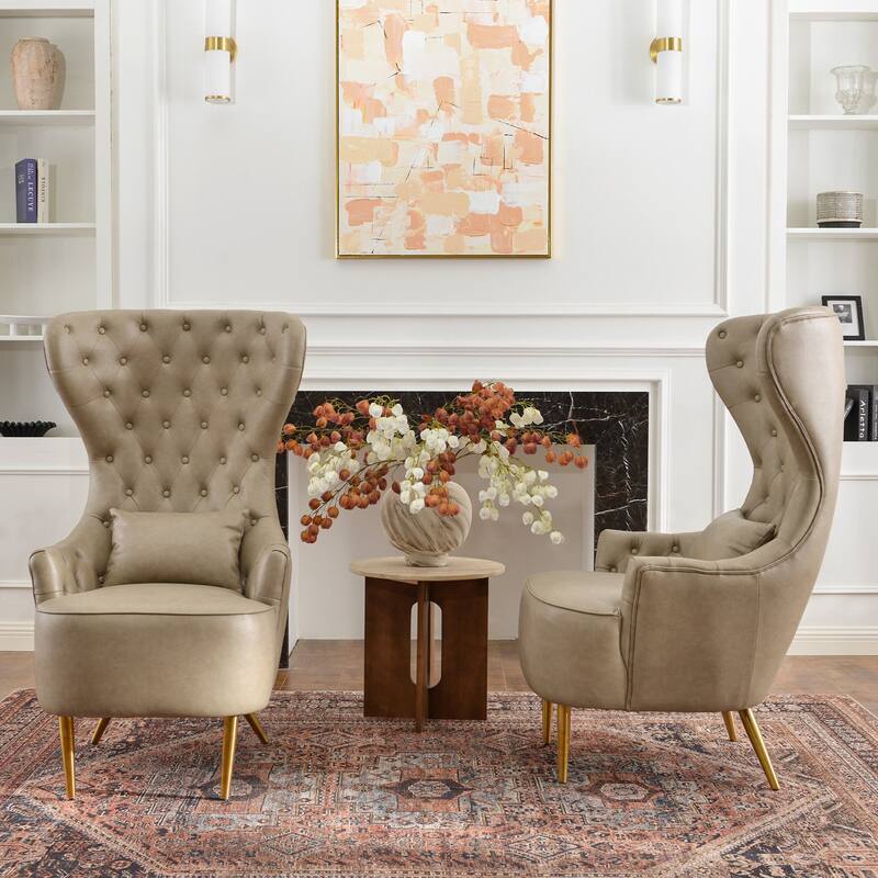 KINWELL Upholstered Tufted Faux Leather Wingback Chair PU Accent Chair