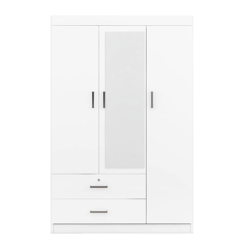 3-Door Mirror Wardrobe, Armoires with Dressing Mirror Hanging Clothes Rod and Drawers with Lock for Bedroom Storage, White
