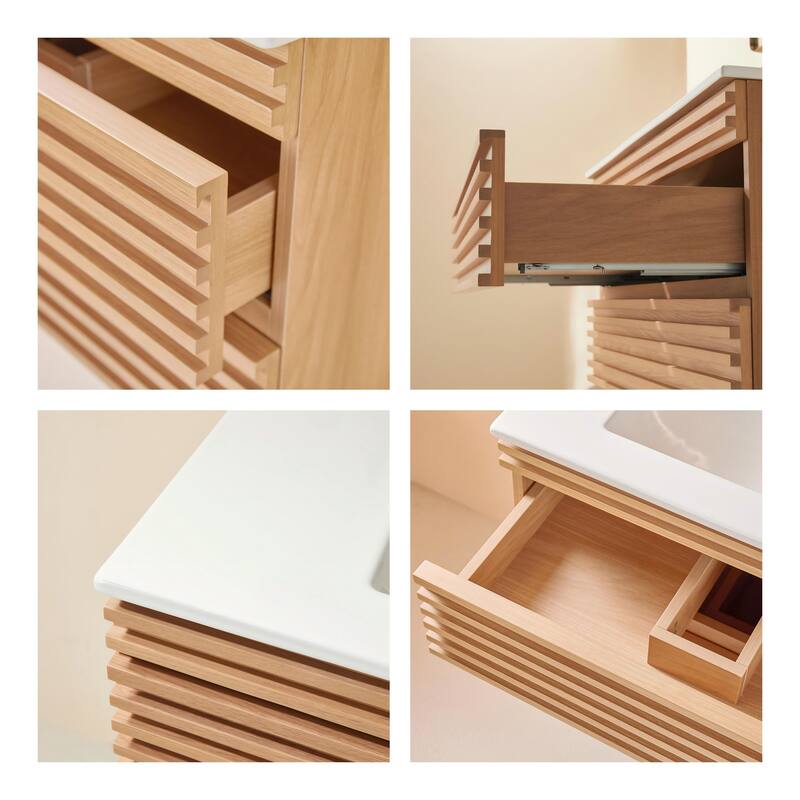 Modland 36" Wall Mount Bathroom Vanity with Ceramic Sink - 2 Soft-Close Drawers,Silk Mist Oak - 36 inch