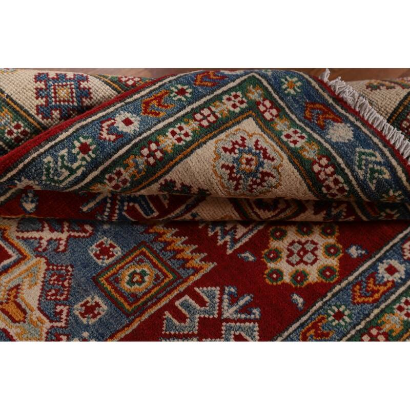 Geometric Red Kazak Area Rug Handmade Oriental Wool Carpet - 4'0" x 6'3"