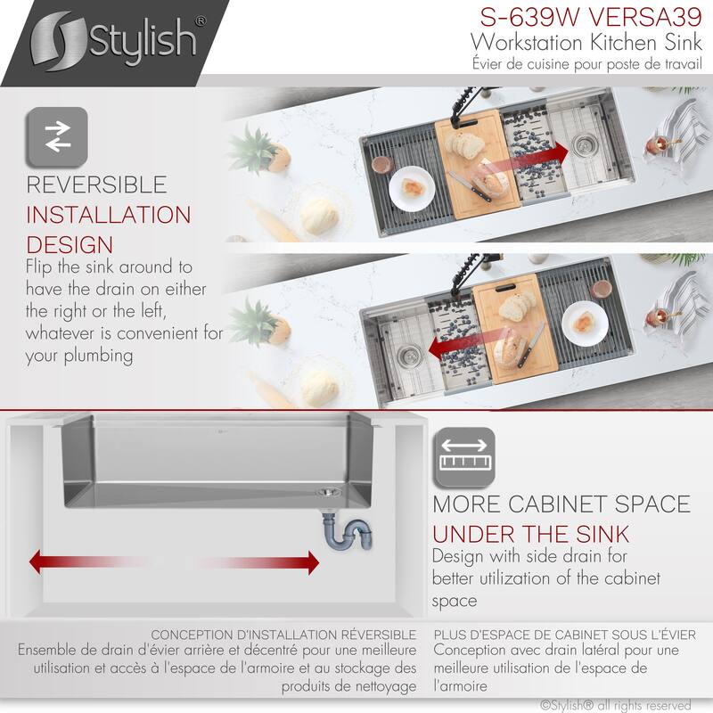 STYLISH 39 inches Workstation Single Bowl Undermount 16 Gauge Stainless Steel Kitchen Sink with Accessories included