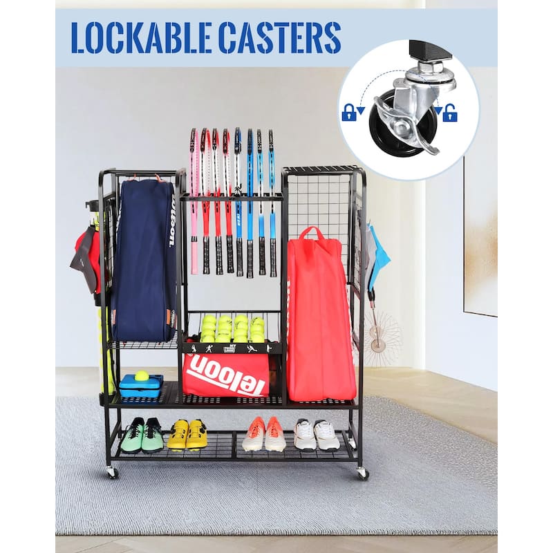 Tennis Gear Storage Rack Sports Equipment Organizer with Wheels