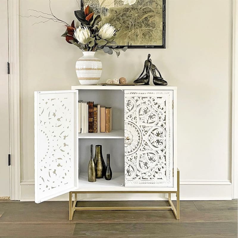 2-Door White Flower Hollow-Carved Metal Feet Cabinet