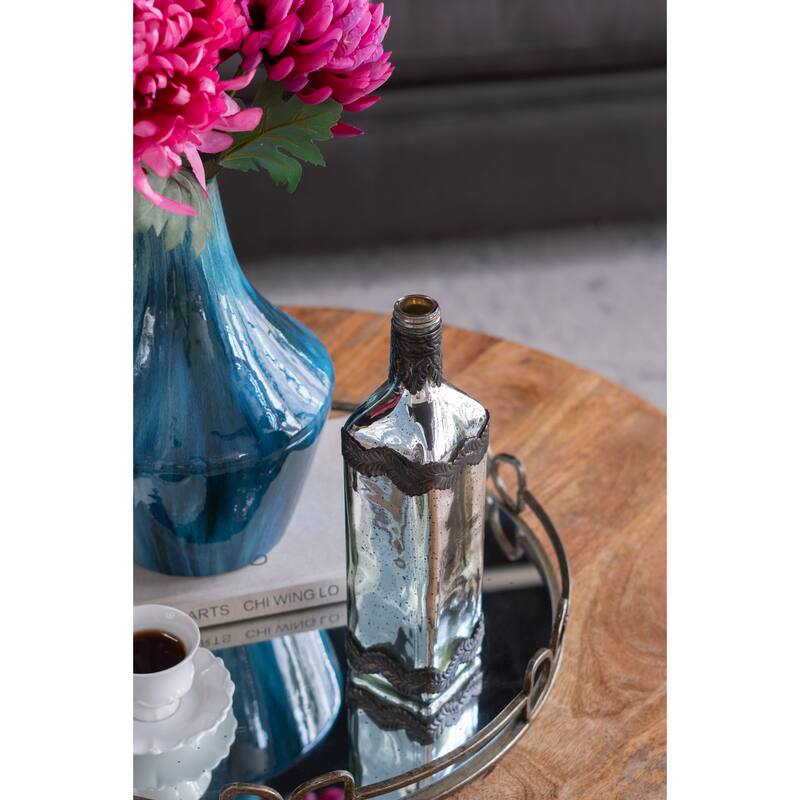 D3x12" Antique Silver Decorative Glass Bottle Vase with Bronze Leaf Accents