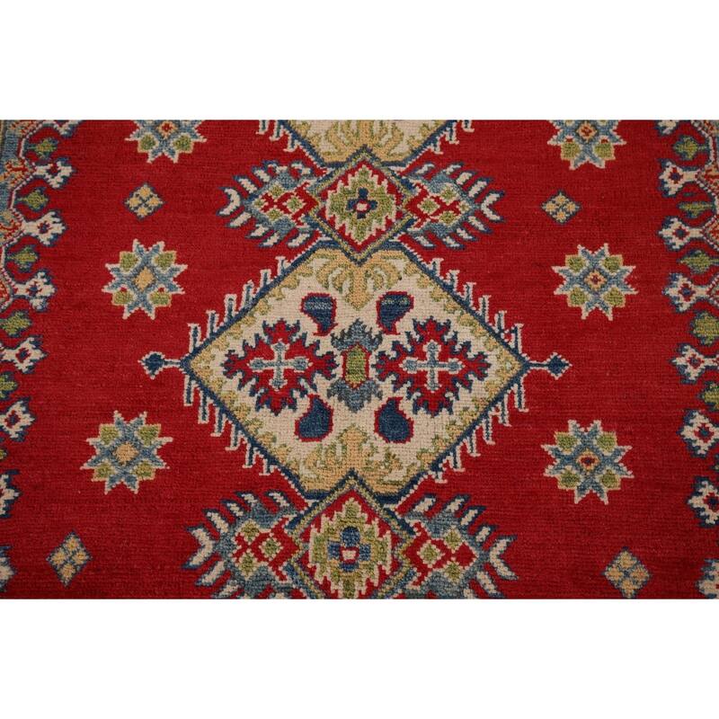 Red Geometric Kazak Accent Rug Hand-Knotted Wool Carpet - 3'5" x 4'10"
