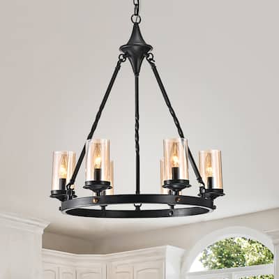 Antique Black 6-Light Industrial Wheel Chandelier with Amber Glass Shades