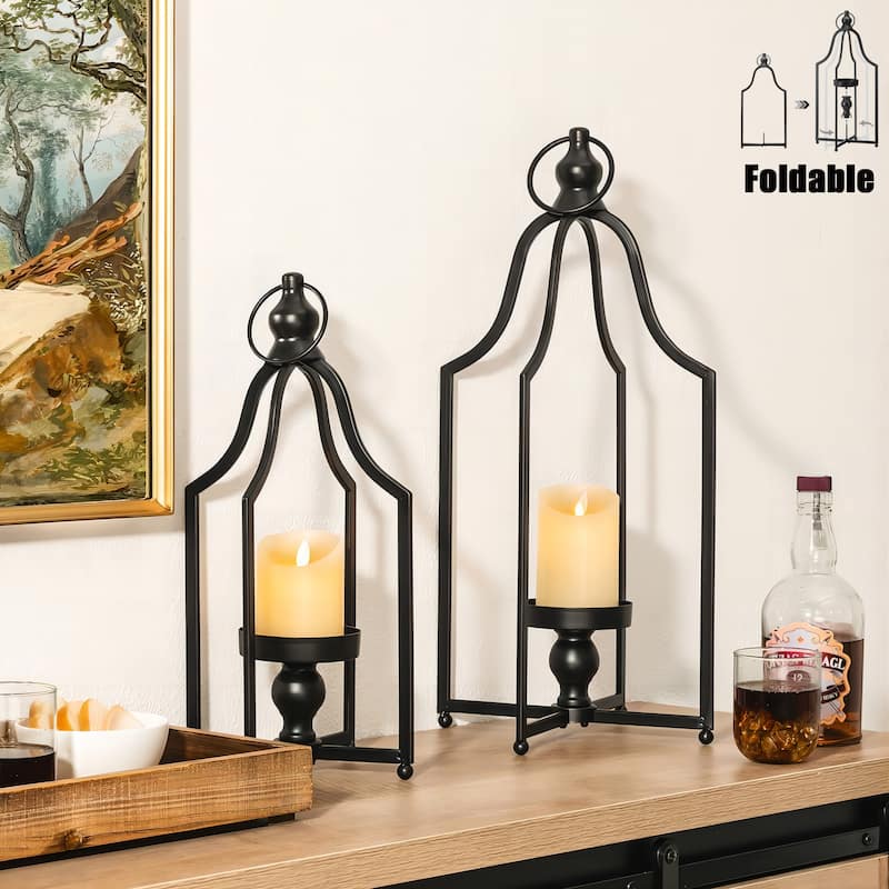Glitzhome Modern Black Metal Foldable Lanterns Christmas Hanging Candle Holders