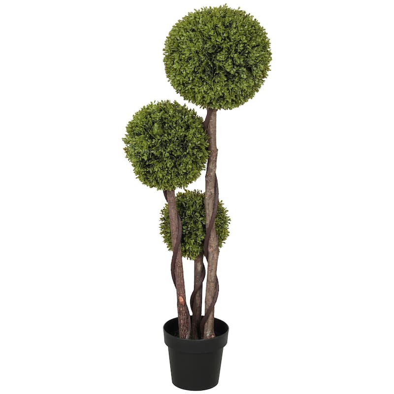 4FT Potted Fake Plant, Artificial Boxwood Topiary Tree, Triple Ball Tree For Indoor and Outdoor - Green
