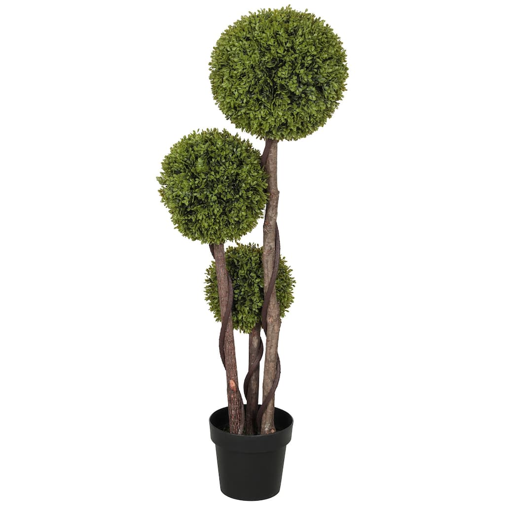 4FT Potted Fake Plant, Artificial Boxwood Topiary Tree, Triple Ball Tree For Indoor and Outdoor