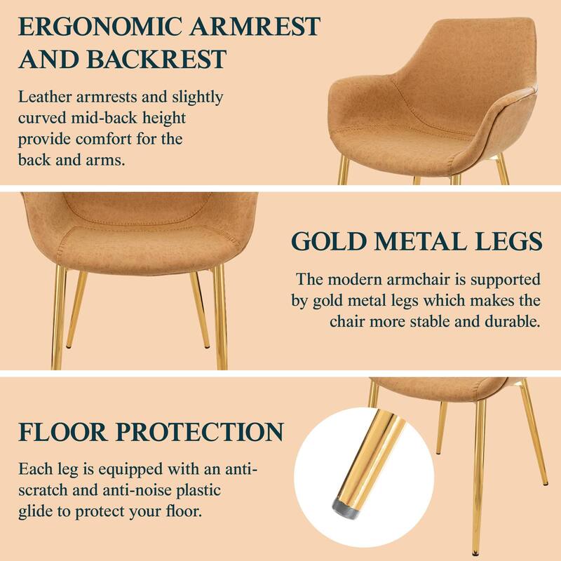 Markley Modern Leather Dining Armchair Set of 2 With Gold Metal Legs Accent Side Chair