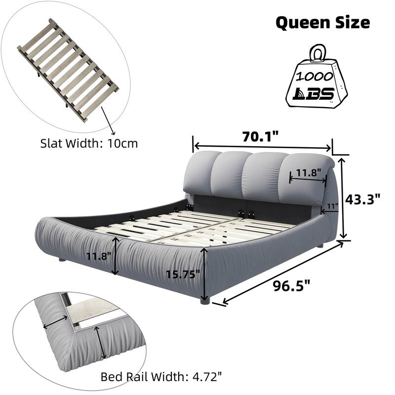 Queen Size Luxury Upholstered Platform Bed with Oversized Padded Backrest and Solid Wood Frame