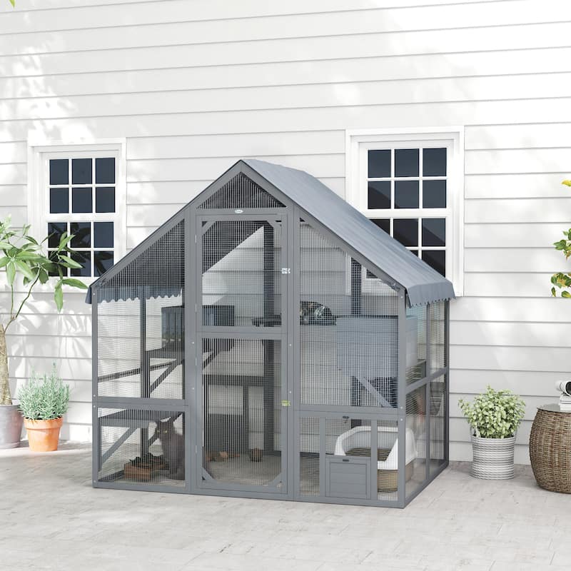PawHut Large Catio Outdoor Cat Enclosure for Multiple Kittens, Wooden Cat House with Waterproof Cover, Gray