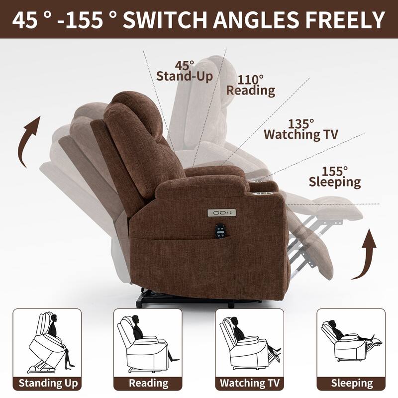 Chenille Power Lift Recliner Massage Chair: 8-Point Vibration Massage, Lumbar Heating, Dual USB Ports, Cup Holders
